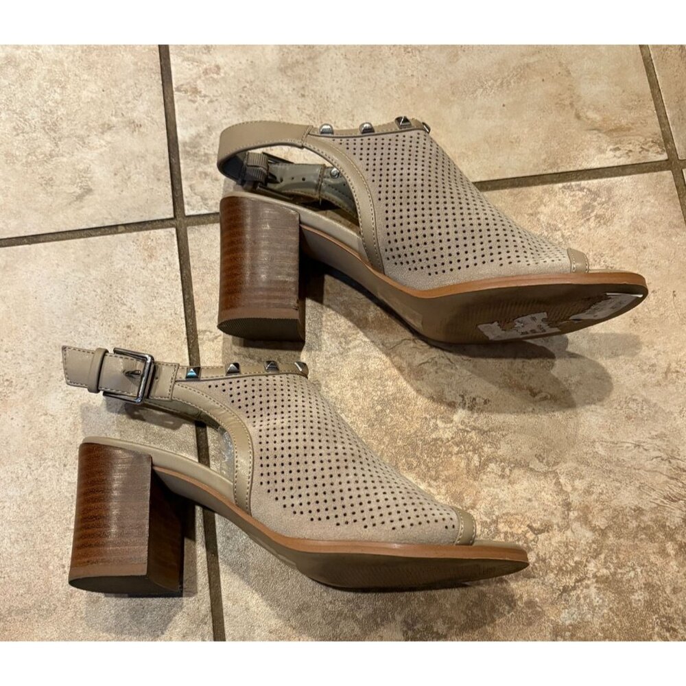Marc Fisher Parso Suede Studded Wood Block Heel Slingback Taupe Sandals 6.5M